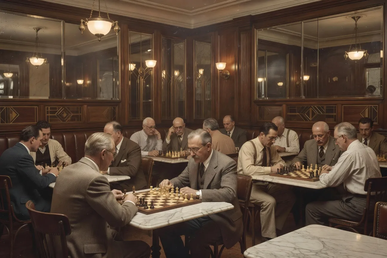 Café parisien des années 1930 avec joueurs d'échecs, atmosphère des cercles échiquéens de la diaspora russe