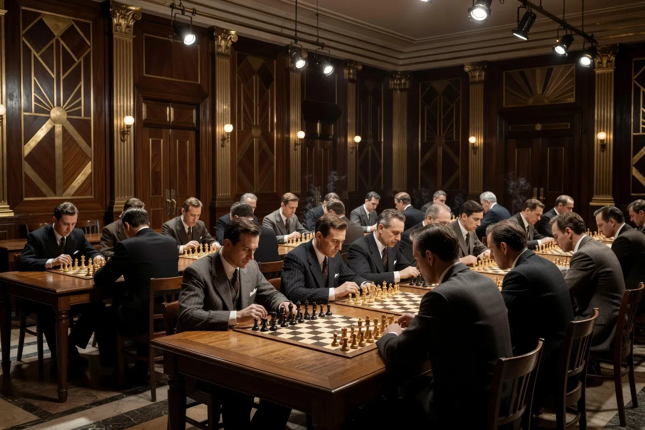 Salle de tournoi d'échecs parisienne dans les années 1930, atmosphère des grands championnats européens
