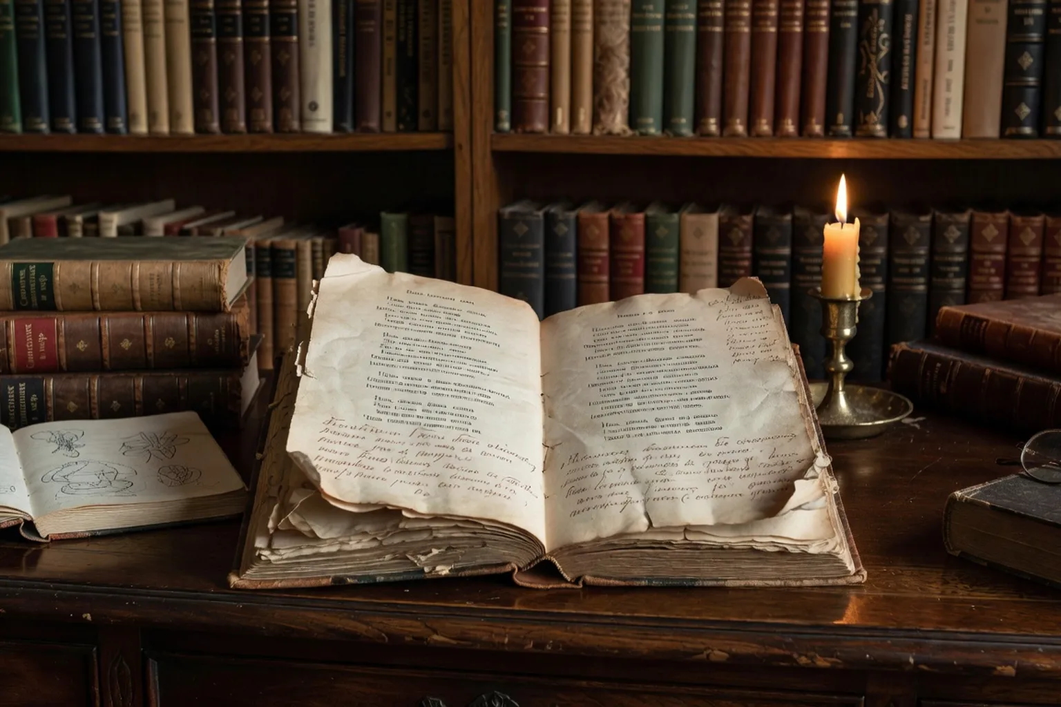 Livre de poésie russe symboliste ouvert avec annotations, lumière de bougie