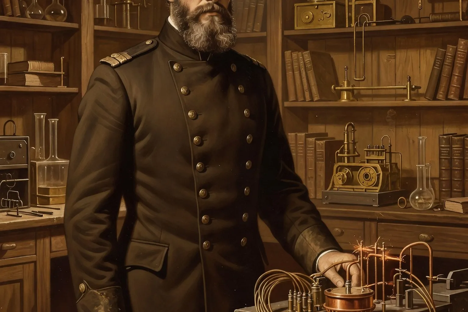 Alexandre Popov, physicien russe inventeur de la radio, devant son r&eacute;cepteur d'ondes &eacute;lectromagn&eacute;tiques