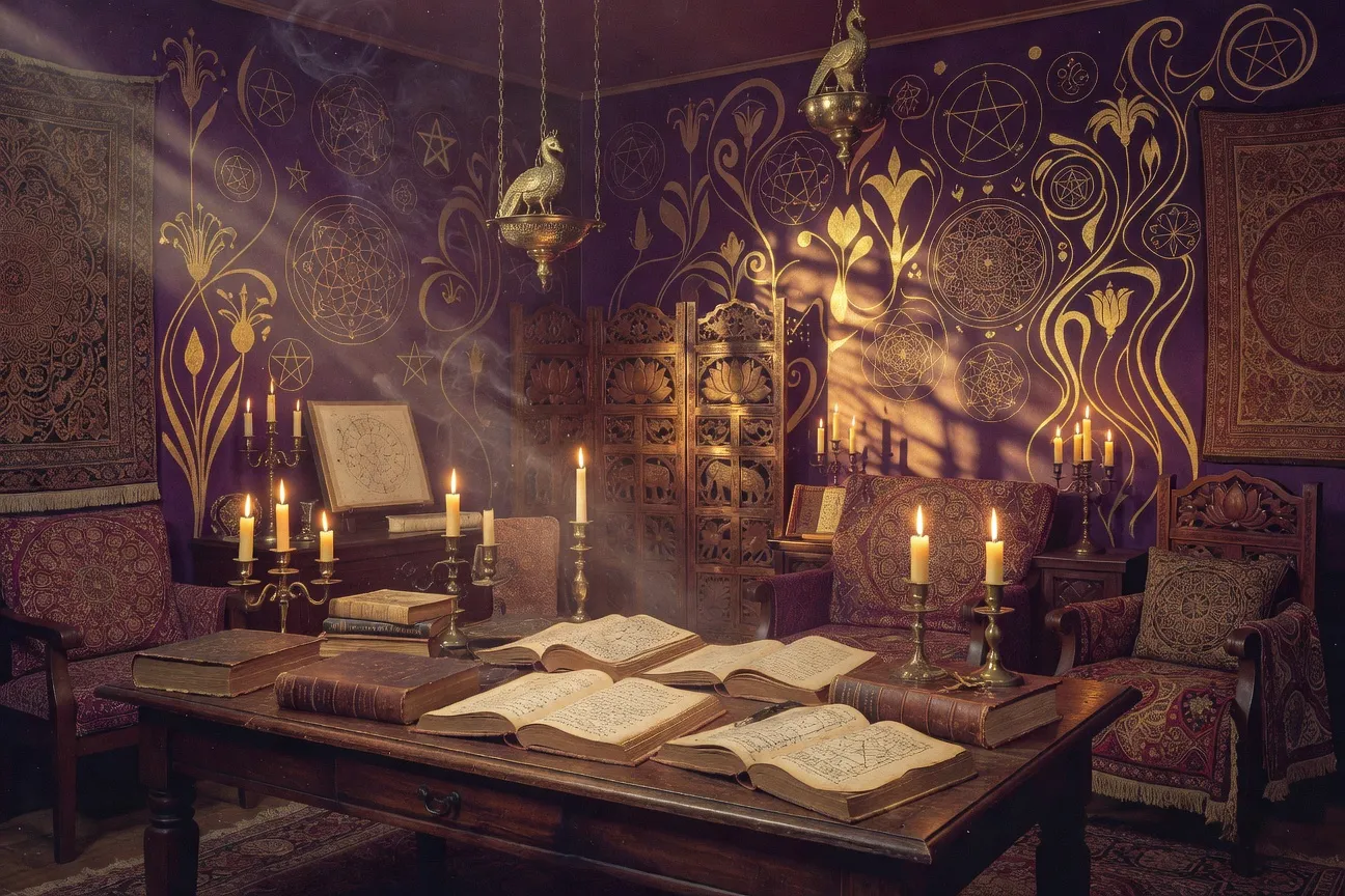 Cabinet de travail d'un intellectuel symboliste russe vers 1910 avec ouvrages théosophiques et atmosphère mystique