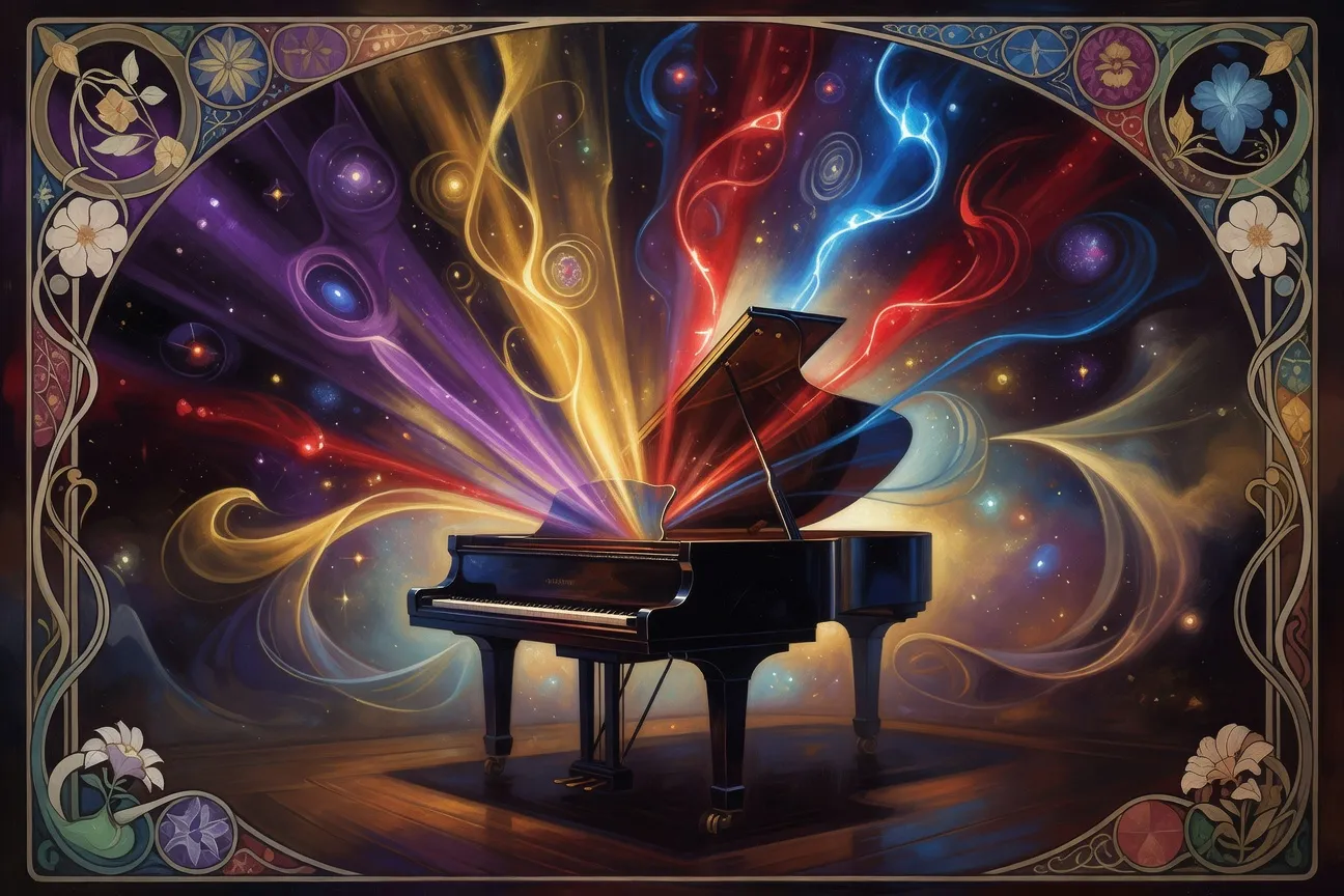 Composition abstraite symboliste évoquant la synesthésie musicale et chromatique de Scriabine