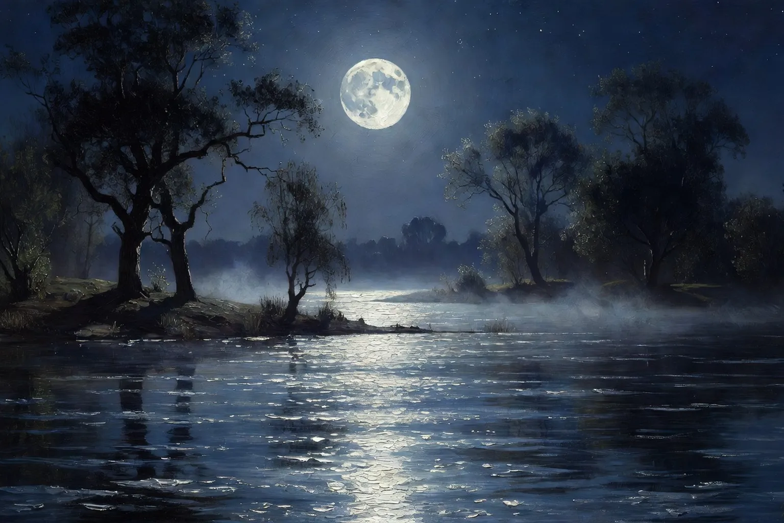 Nuit de lune sur le Dniepr ukrainien, lumière magique argentée sur les eaux sombres