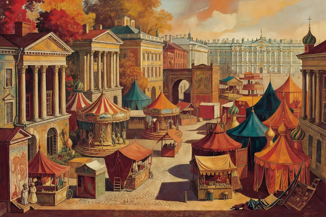 Décor et costumes du ballet Petrouchka conçus par Alexandre Benois, fête foraine russe de la Maslenitsa