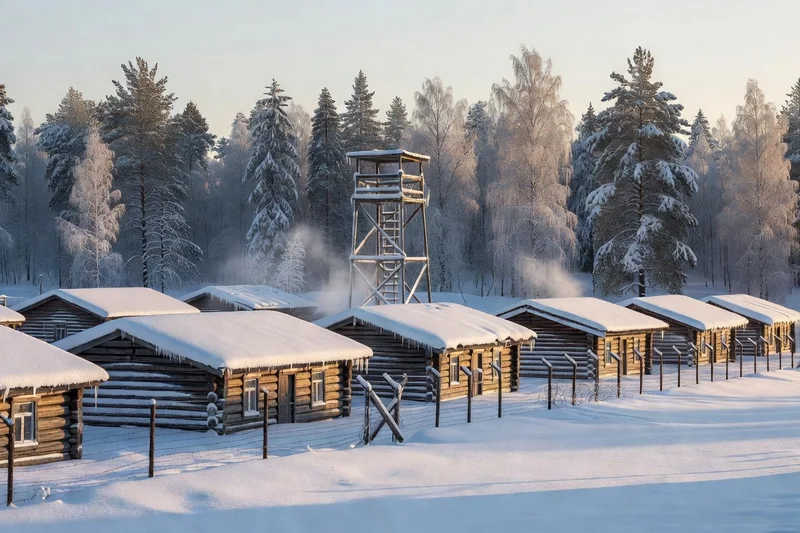 Reconstitution d'un camp de travail soviétique sous la neige : baraquements en bois, mirador et barbelés dans une forêt enneigée