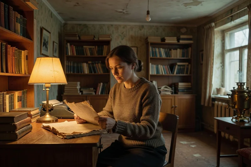Femme lisant un tapuscrit clandestin à la lumière d'une lampe dans un appartement soviétique des années 1970, bibliothèques en arrière-plan