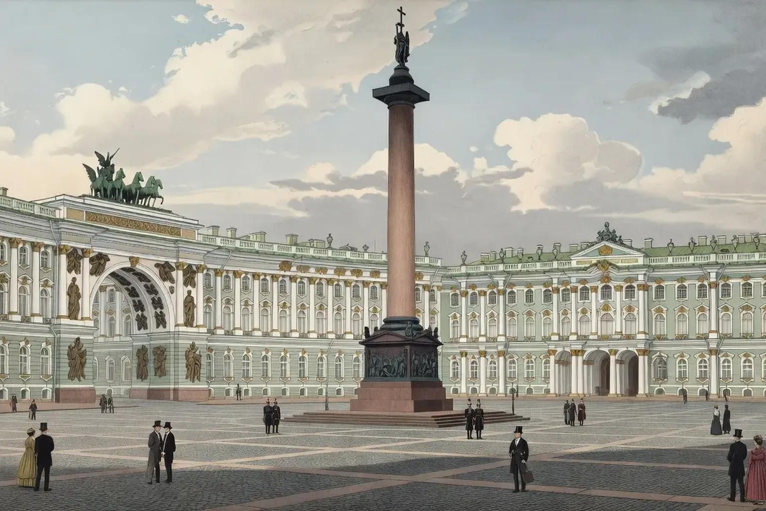 Vue aérienne de la Place du Palais à Saint-Pétersbourg, monuments néoclassiques et colonnade