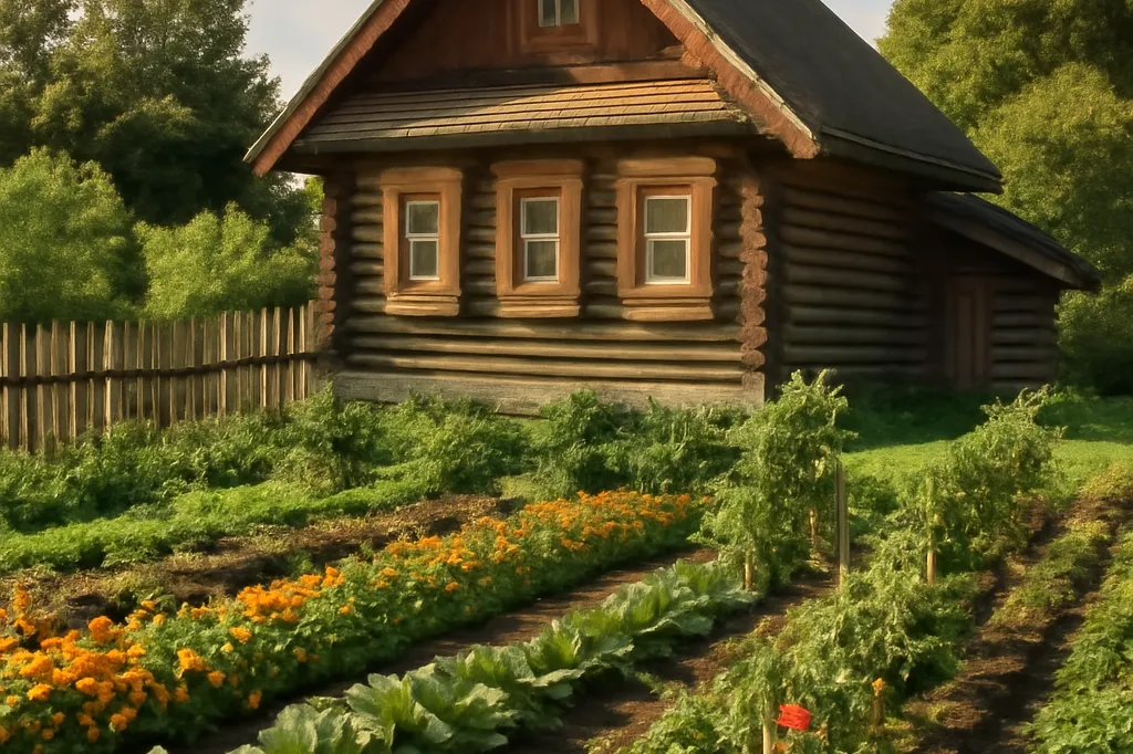 Datcha traditionnelle russe en bois entour&eacute;e d&rsquo;un jardin potager