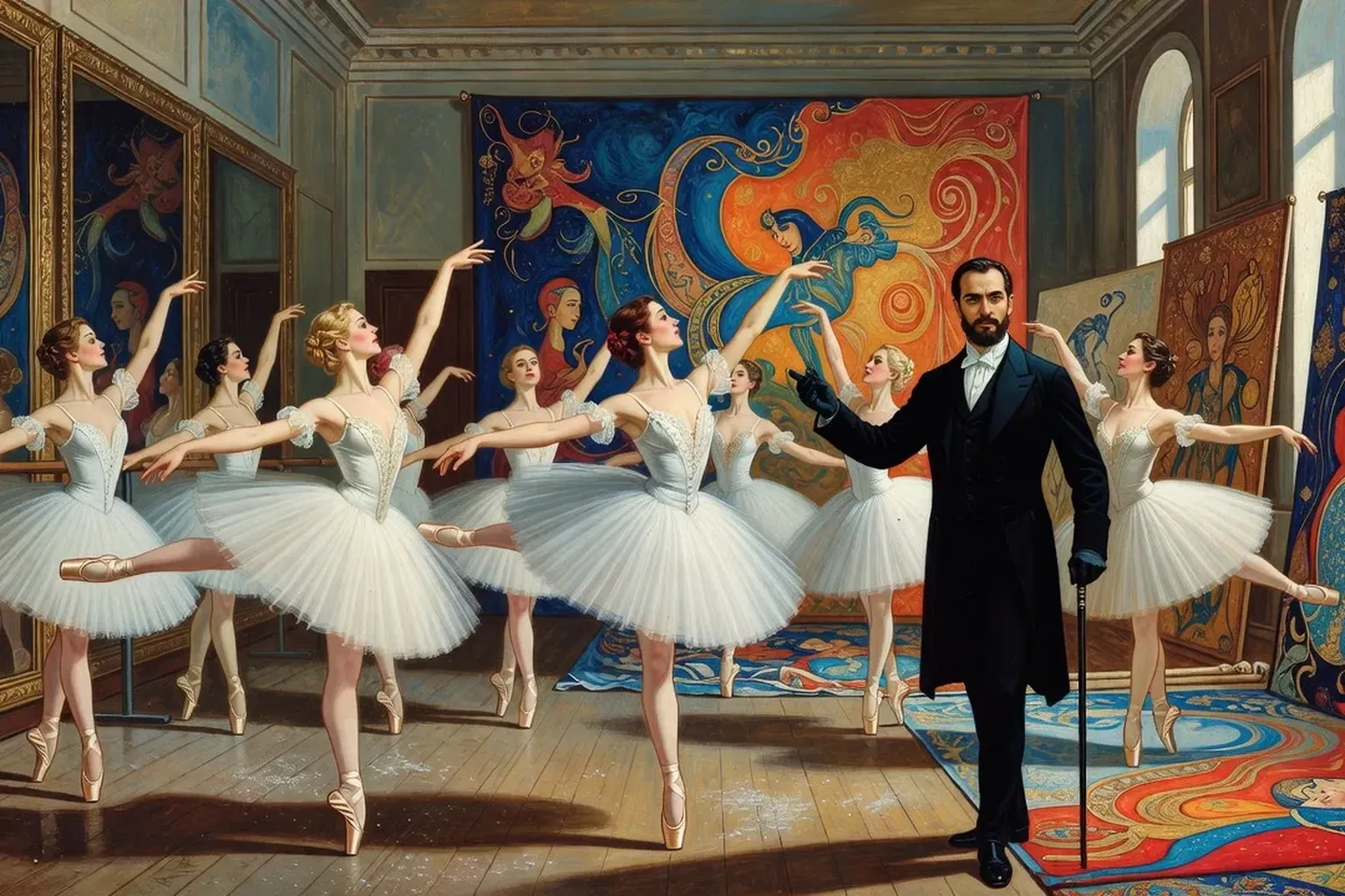 R&eacute;p&eacute;tition de ballet russe en 1910, danseuses en tutu, d&eacute;cors peints, atmosph&egrave;re authentique des Ballets Russes