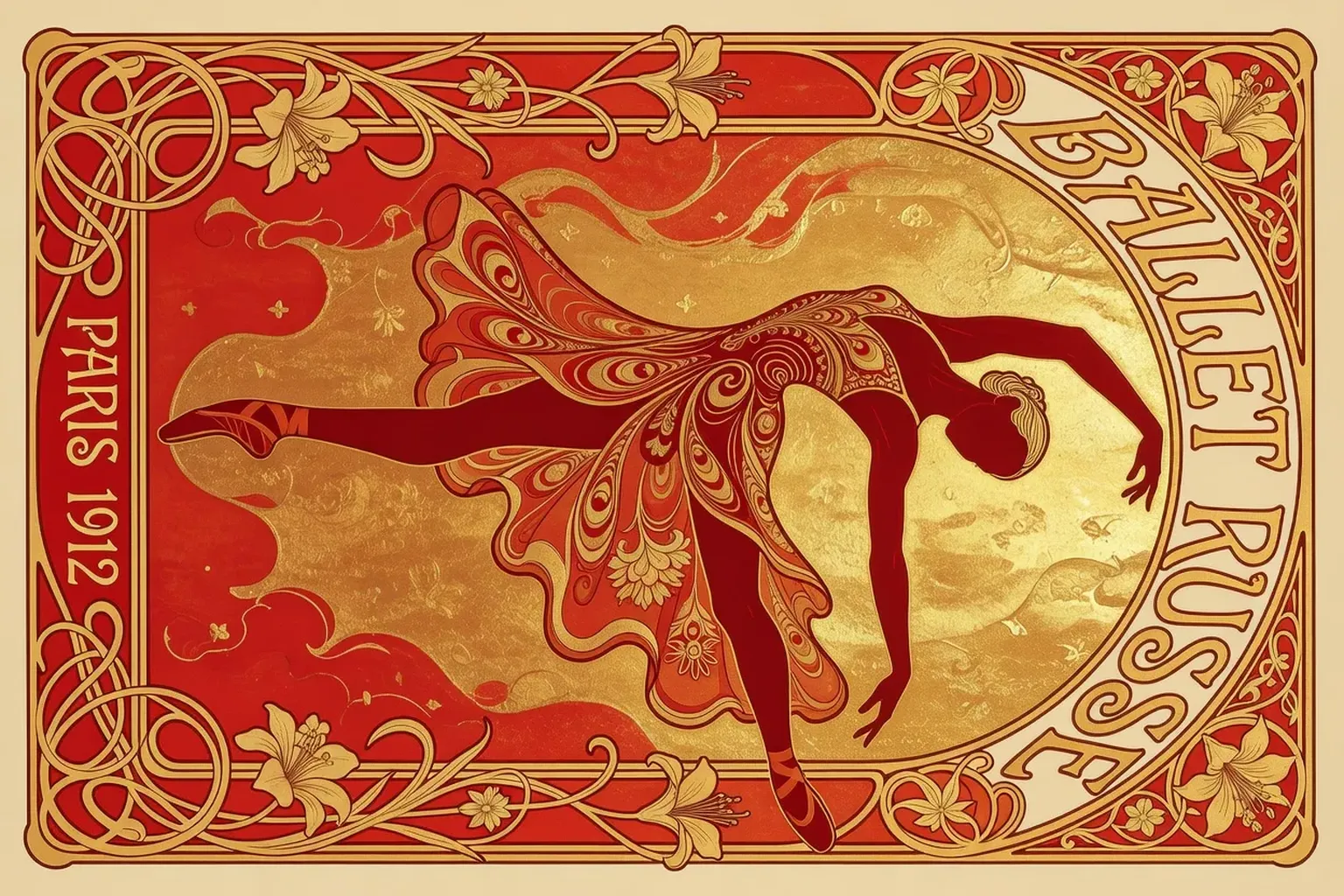 Affiche de style Art Nouveau pour un ballet russe, Paris 1912, couleurs vives, influence Bakst