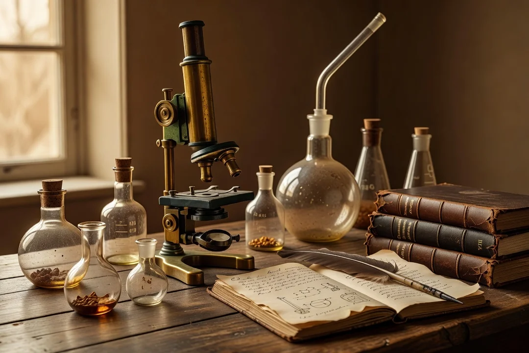 Laboratoire scientifique russe du XIXe si&egrave;cle &eacute;voquant les recherches de Mendele&iuml;ev