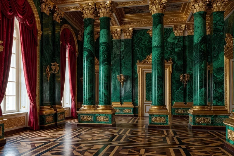 Salle de malachite du Palais d'Hiver, colonnes vertes et bronze doré, rideaux cramoisis