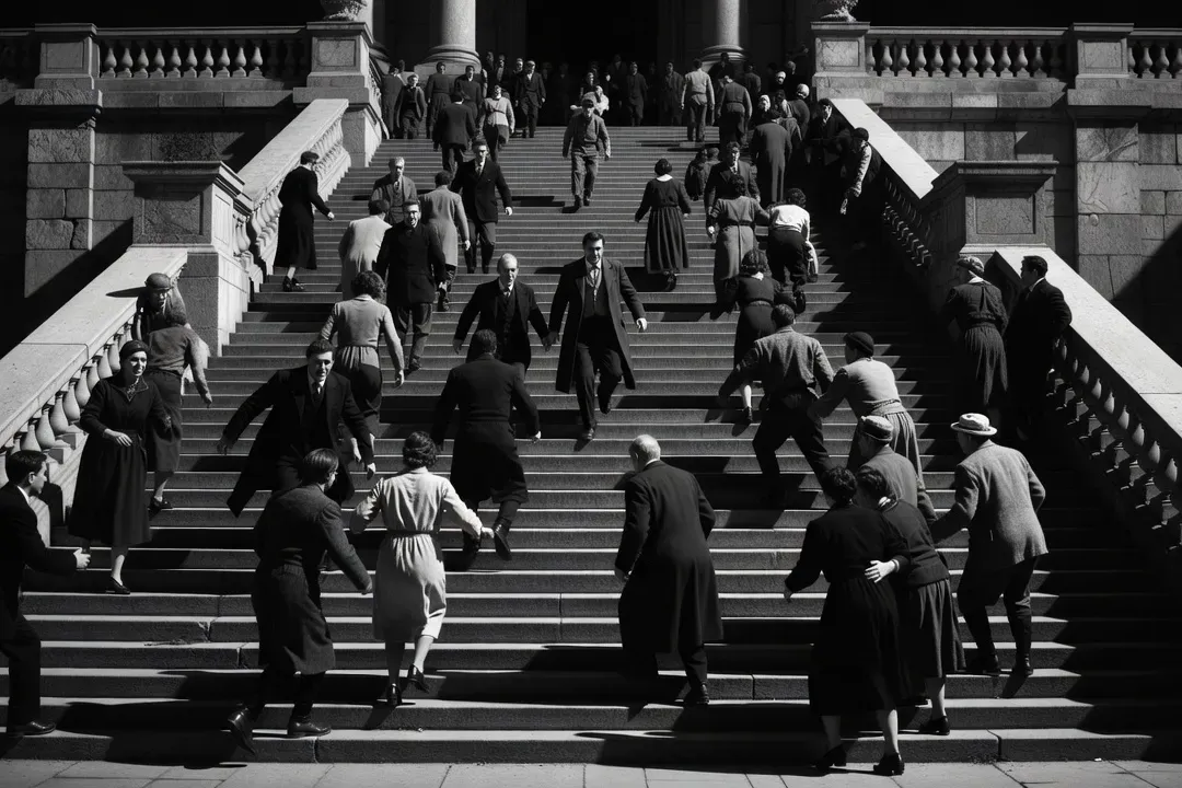 Sc&egrave;ne du Cuirass&eacute; Potemkine d'Eisenstein, escalier d'Odessa, noir et blanc