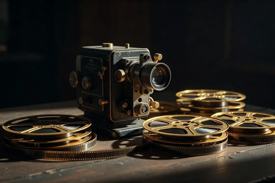 Pellicule cin&eacute;matographique ancienne, bobines argent&eacute;es, lumi&egrave;re de projecteur
