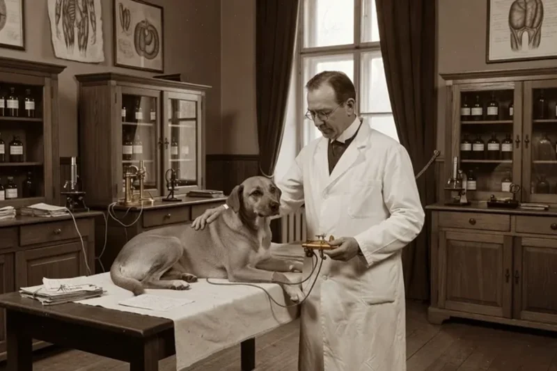 Ivan Pavlov en blouse blanche avec un chien de laboratoire