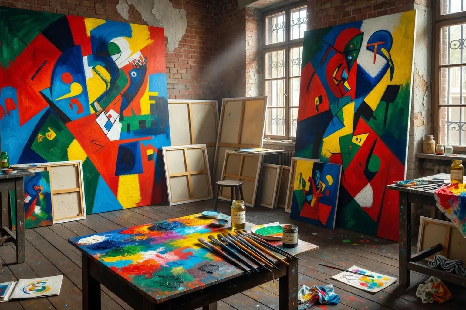 Atelier d'artiste à Munich années 1910, toiles abstraites au mur, lumière naturelle