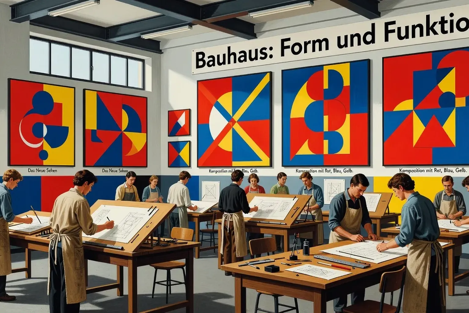 Salle de cours au Bauhaus, étudiants devant des compositions colorées abstraites