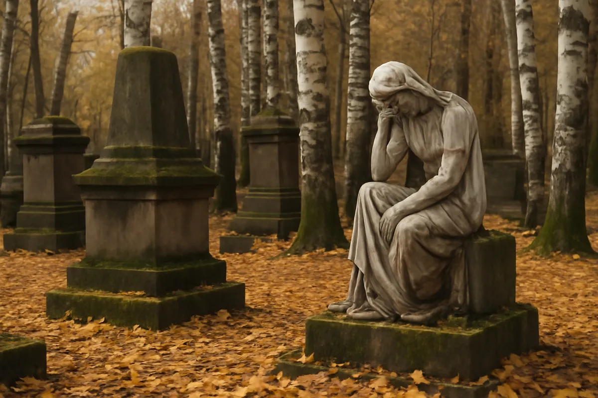 Monuments funéraires moussus et statue de pleureuse parmi les bouleaux et les feuilles dorées d'un ancien cimetière
