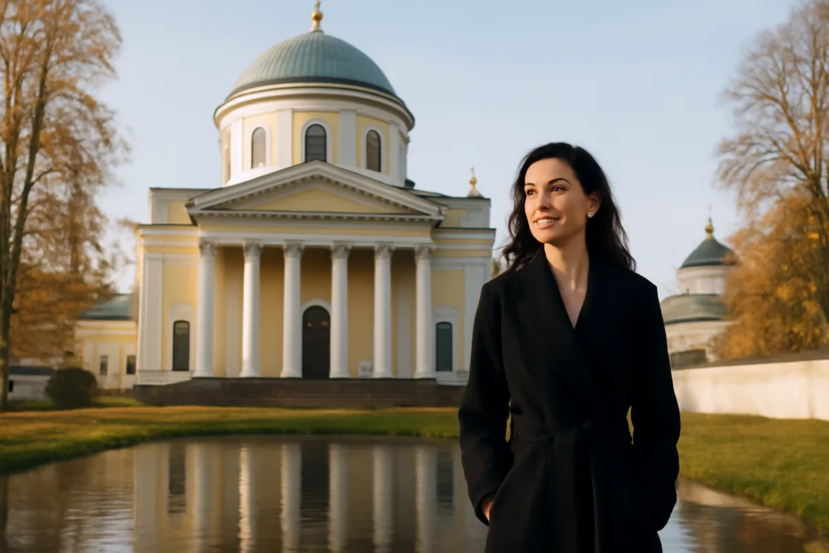 Femme en manteau noir devant une église néoclassique jaune à colonnes blanches et son reflet dans un étang