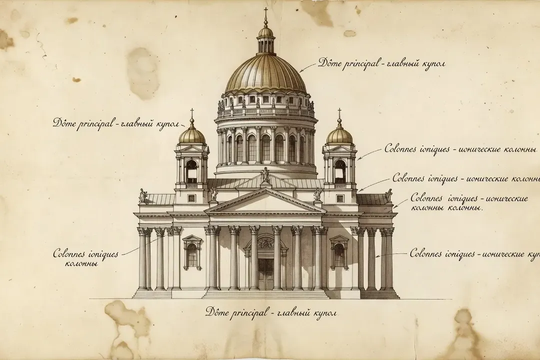 Plan architectural d'une cath&eacute;drale russe XVIIIe si&egrave;cle, encre et lavis, coupoles, annotations fran&ccedil;aises