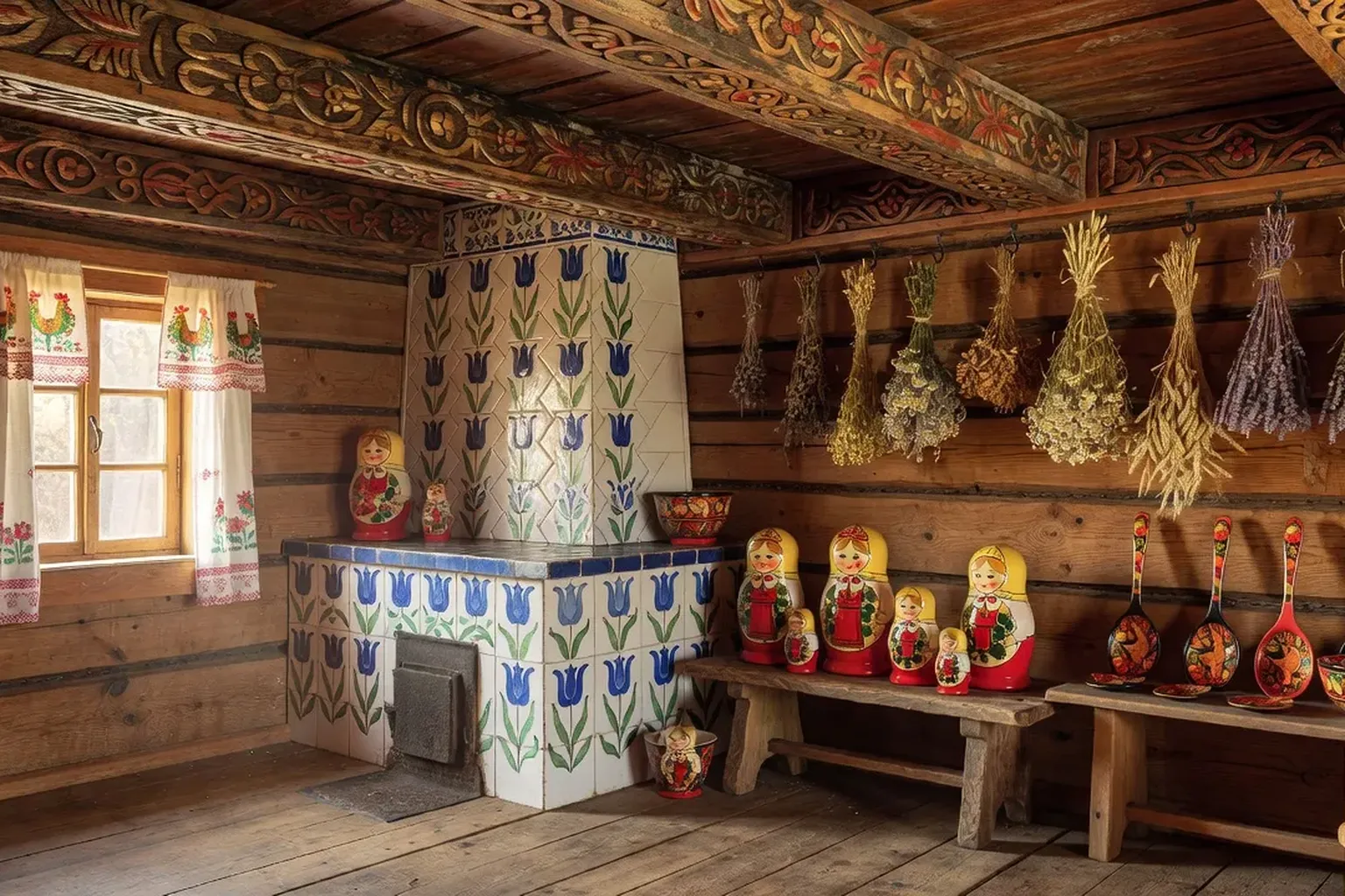 Intérieur d'une izba russe traditionnelle avec bois sculpté et objets folkloriques