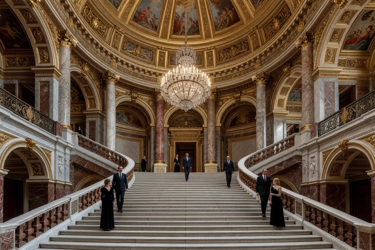 Grand escalier et coupole richement d&eacute;cor&eacute;s du Palais Garnier &agrave; Paris, si&egrave;ge historique de l'Op&eacute;ra