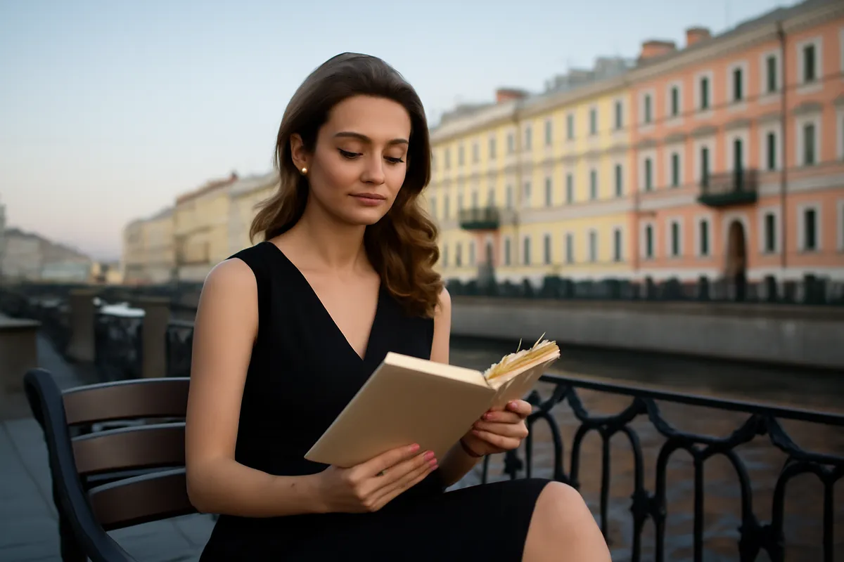 Femme en robe noire lisant un livre assise sur un banc au bord d'un canal, façades pastel de Saint-Pétersbourg derrière elle