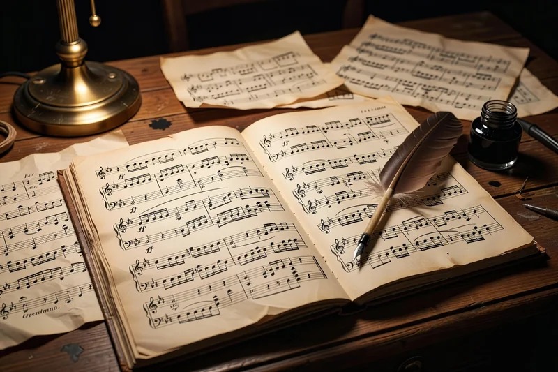 Partition manuscrite, plume et encrier sur un pupitre, symboles de la création musicale orientaliste russe