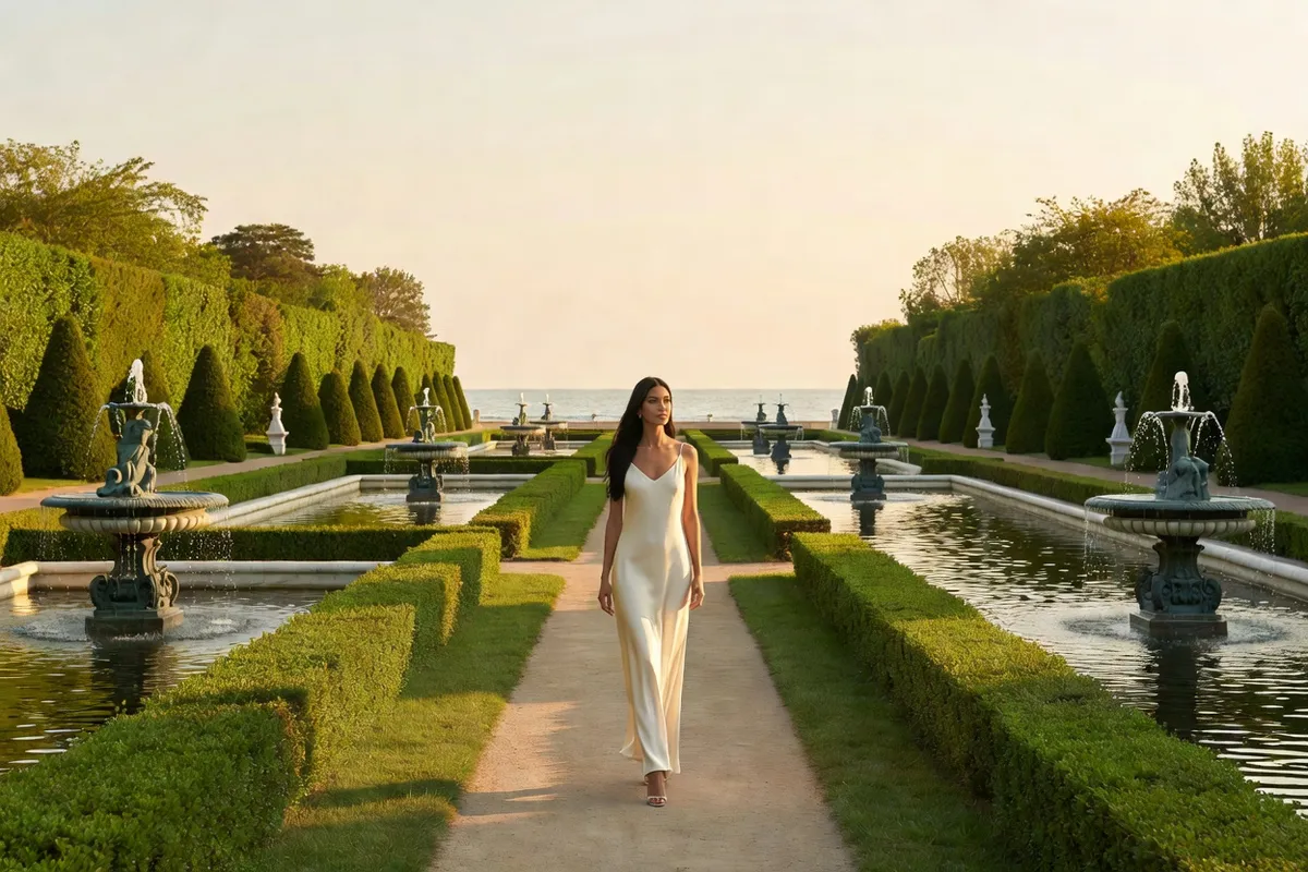 Promenade solitaire dans une allée de bassins, de fontaines et de haies taillées du parc inférieur, la mer visible au fond