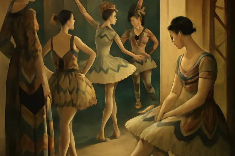 Scène de ballet des années 1920 à Paris, danseurs constructivistes, décors industriels, ambiance Ballets russes