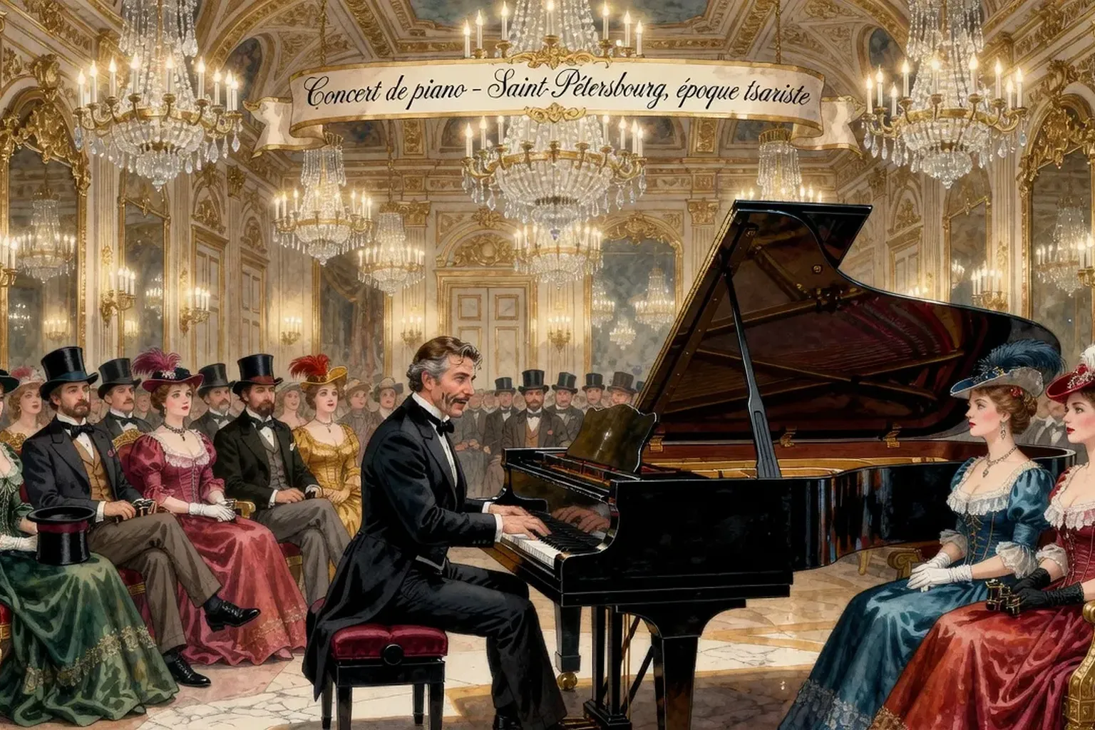 Concert de piano dans une salle dor&eacute;e &agrave; Saint-P&eacute;tersbourg, &eacute;poque tsariste, ambiance Belle &Eacute;poque