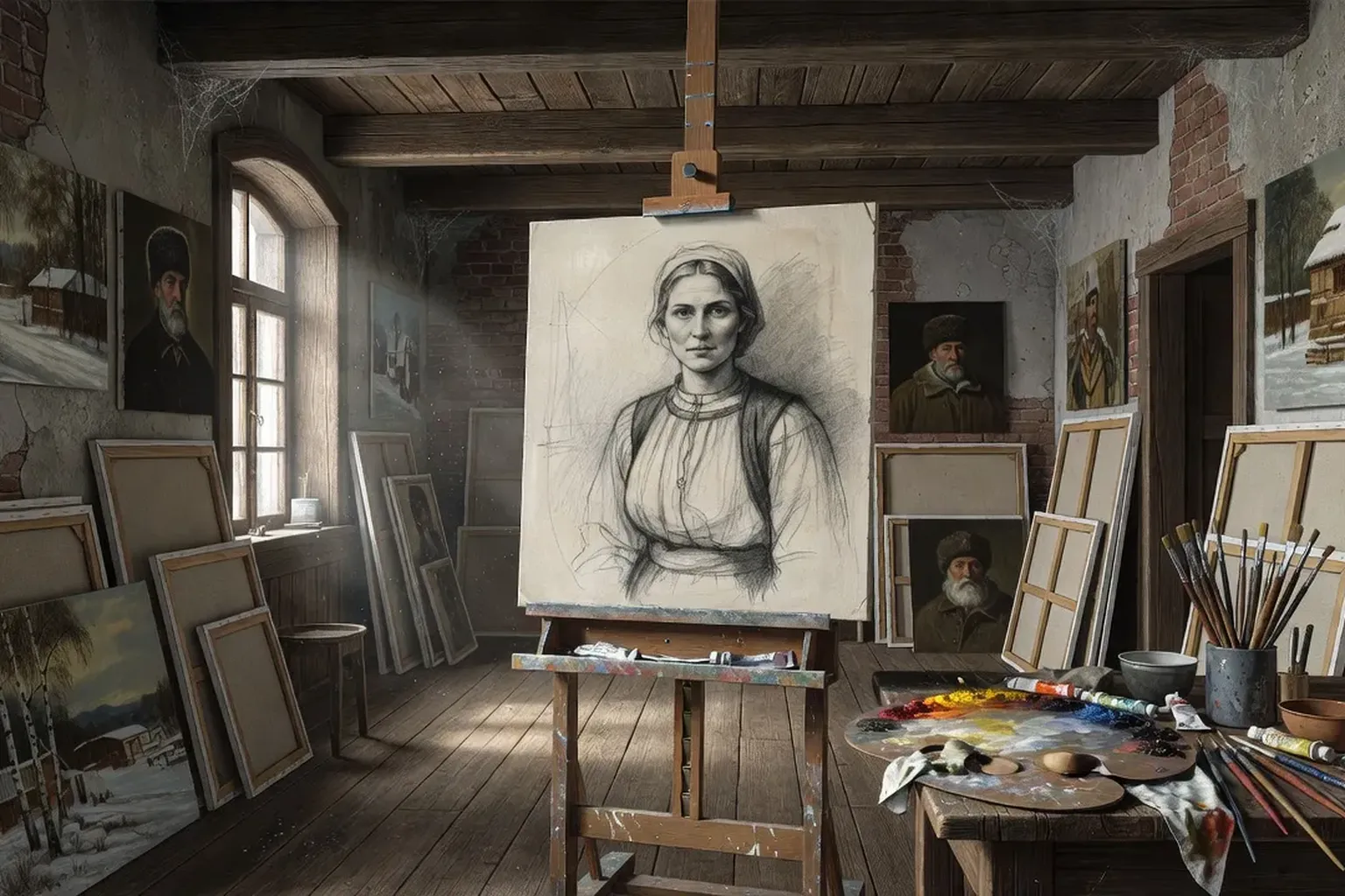 Atelier de peintre russe du XIX&deg; si&egrave;cle, toiles sur chevalet, palette et pinceaux, lumi&egrave;re naturelle de l&rsquo;&eacute;poque de R&eacute;pine