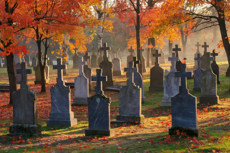Cimetière russe de Sainte-Geneviève-des-Bois, croix orthodoxes et feuillage d'automne