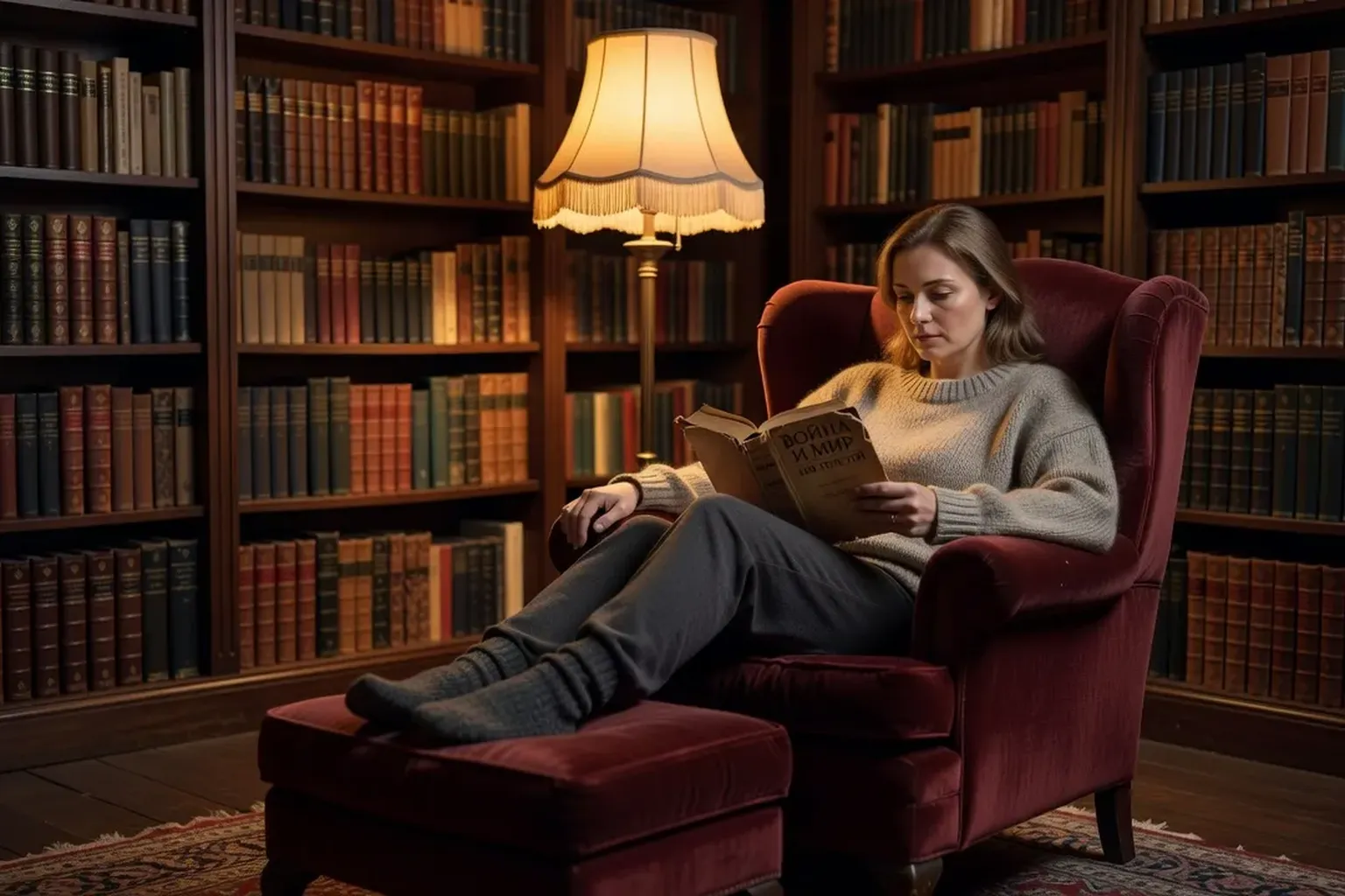 Lectrice dans un fauteuil avec un roman russe classique