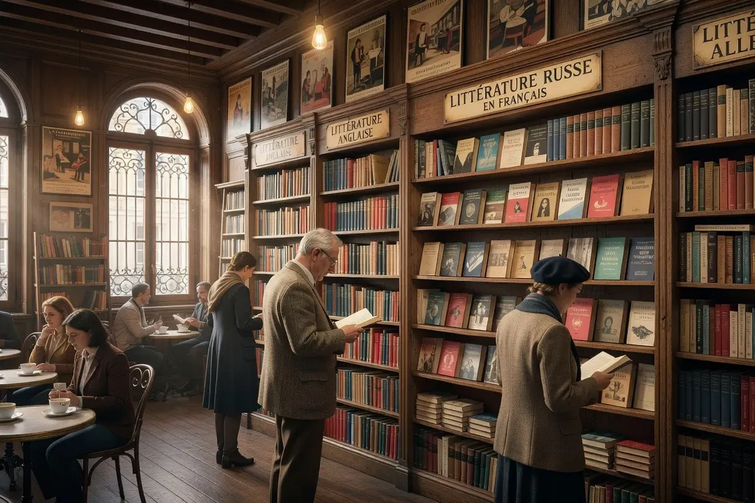 Rayons d'une librairie spécialisée en littérature russe à Paris