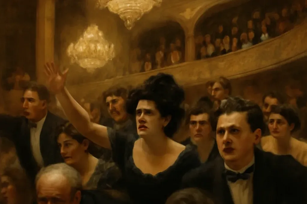 Sc&egrave;ne de th&eacute;&acirc;tre parisien en 1913, public agit&eacute; dans une salle de spectacle, atmosph&egrave;re de scandale artistique du d&eacute;but du XXe si&egrave;cle