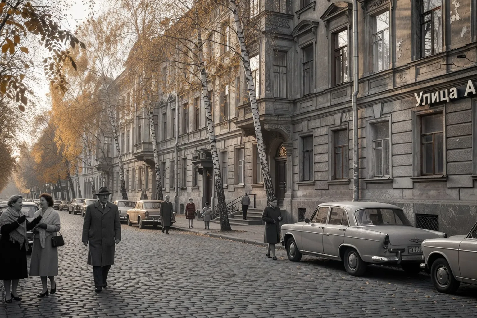 Rue de l'Arbat à Moscou dans les années 1960, atmosphère nostalgique en noir et blanc