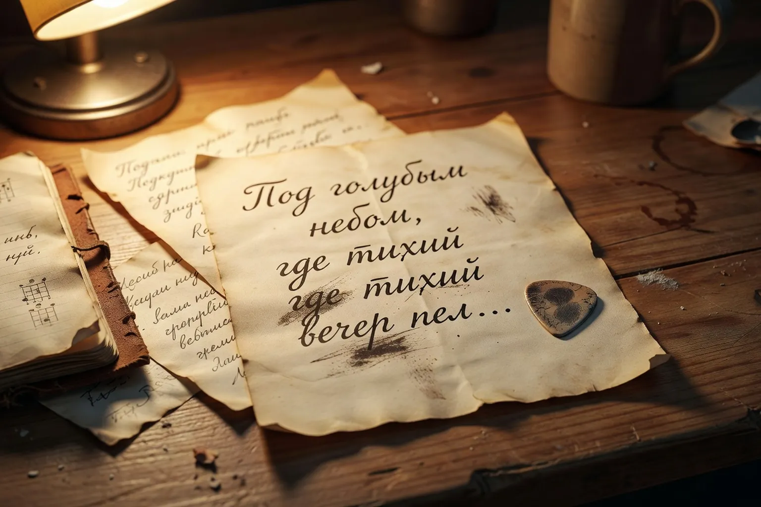 Cahier de paroles de chanson russe sur papier jauni, avec une mélodie griffonnée à la main