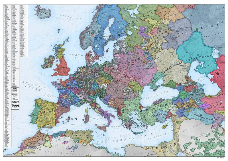 Carte médiévale de l'Europe montrant les frontières des royaumes et empires au IXe siècle, dont la Rus' de Kiev