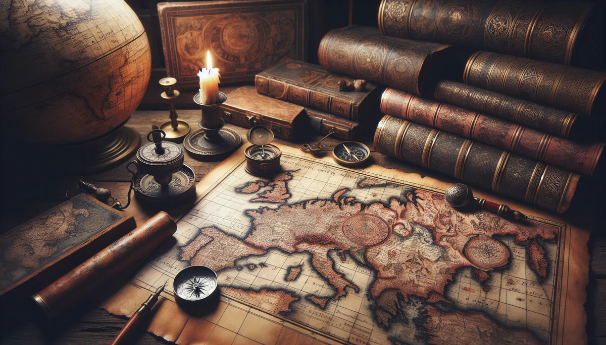 Nature morte de cartographie ancienne : globe terrestre, carte de l&rsquo;Europe, boussoles et livres anciens