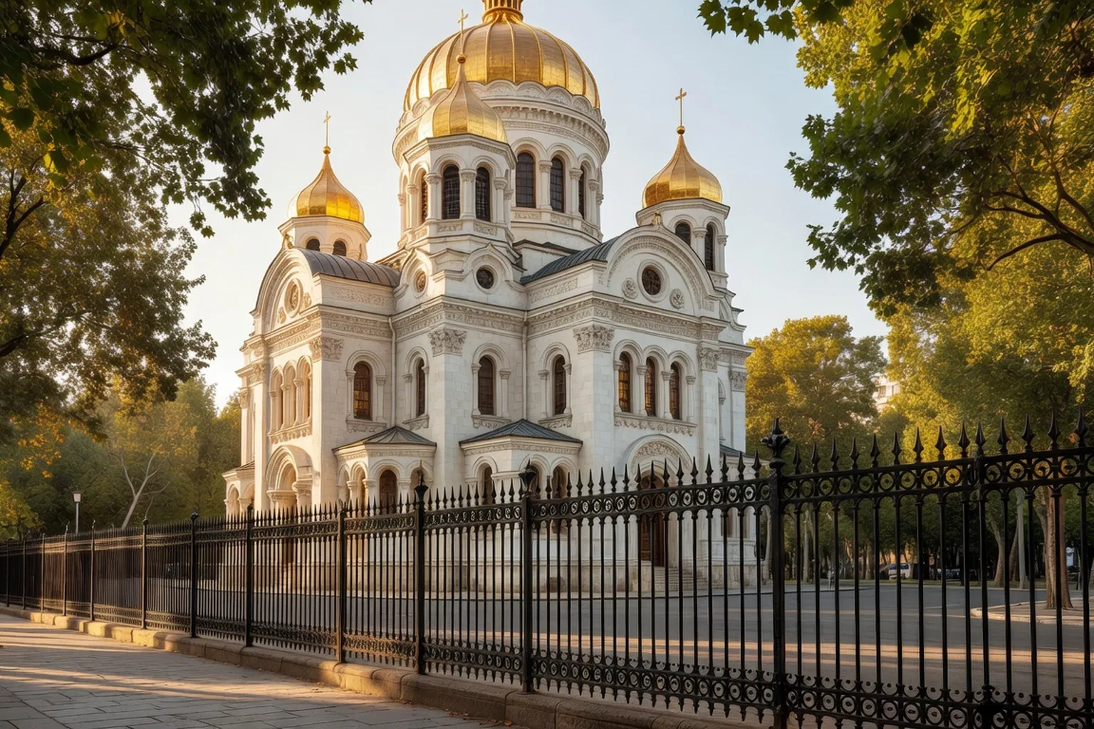 Cath&eacute;drale Saint-Alexandre-Nevsky de la rue Daru &agrave; Paris, vue ext&eacute;rieure des cinq bulbes dor&eacute;s sur fond de ciel parisien