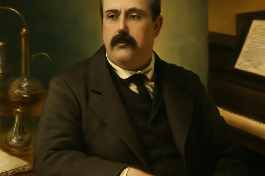 Alexandre Borodine, chimiste et compositeur russe, portrait avec cornues de laboratoire et partition musicale en arrière-plan