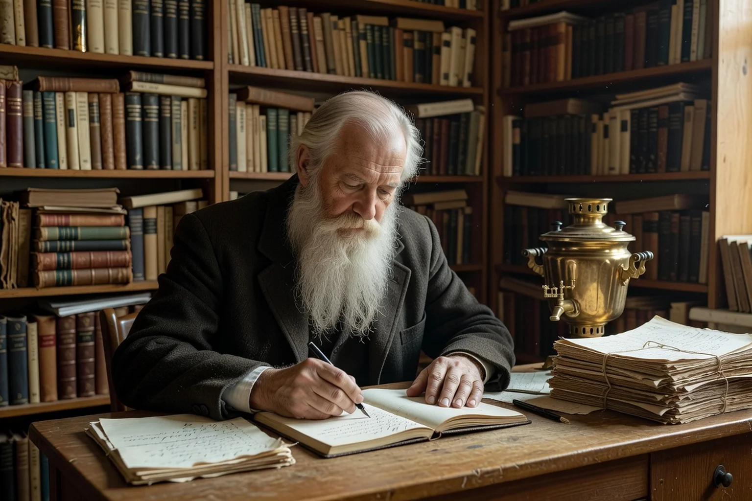Écrivain russe âgé à la barbe blanche écrivant à la main à son bureau, dans un cabinet de travail bordé de bibliothèques
