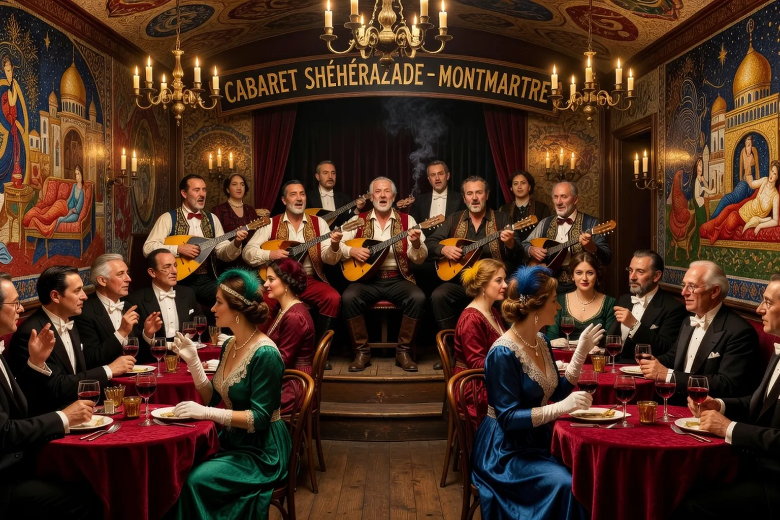 Cabaret russe de l'émigration à Paris dans les années 1920, ambiance tsigane, musiciens et clientèle élégante