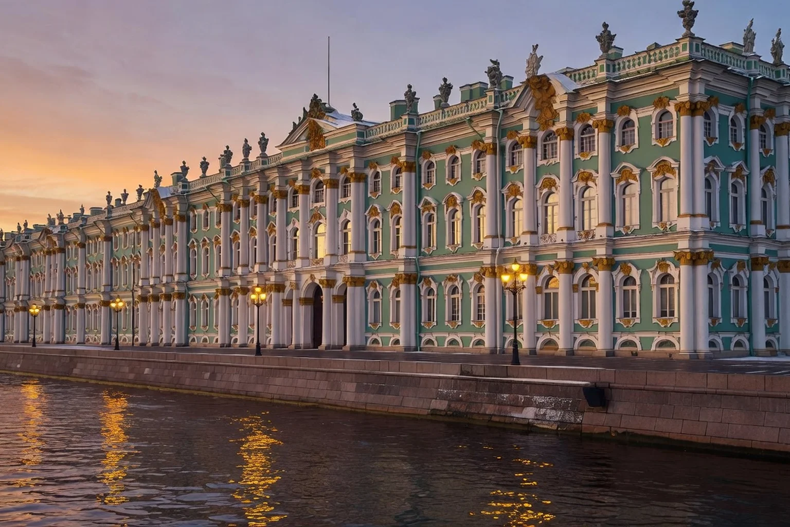 Façade du Palais d'Hiver sur les quais de la Neva à Saint-Pétersbourg, au crépuscule