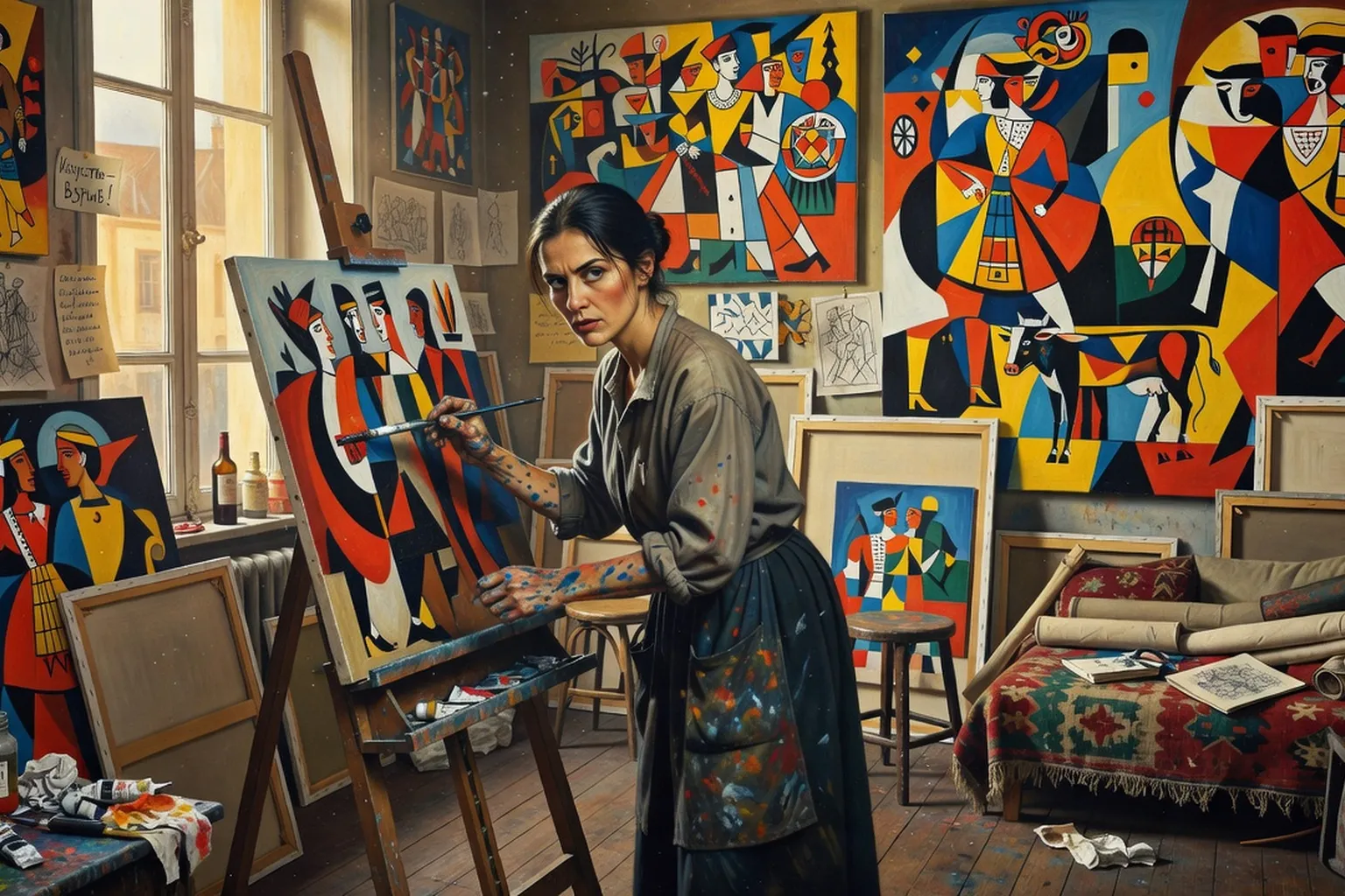Natalia Gontcharova, peintre de l'avant-garde russe, portrait dans un atelier moscovite au début du XXe siècle