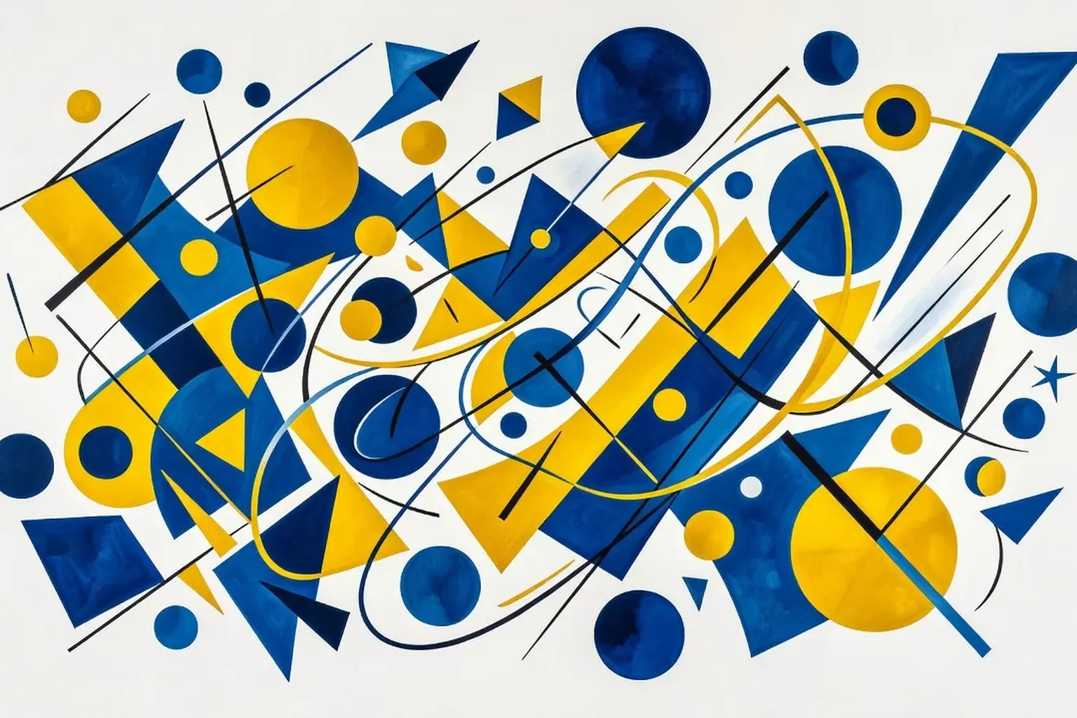 Peinture abstraite inspirée de Kandinsky, formes géométriques colorées en bleu et jaune