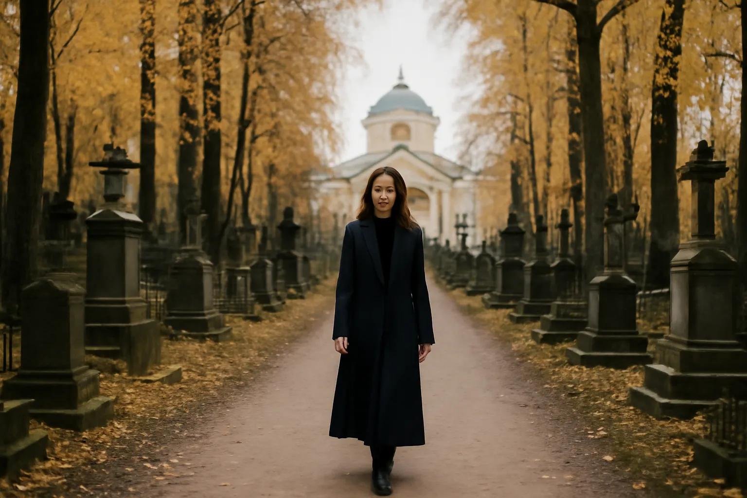 Femme en manteau sombre sur une allée bordée de monuments funéraires et de bouleaux jaunes en automne, église néoclassique au fond