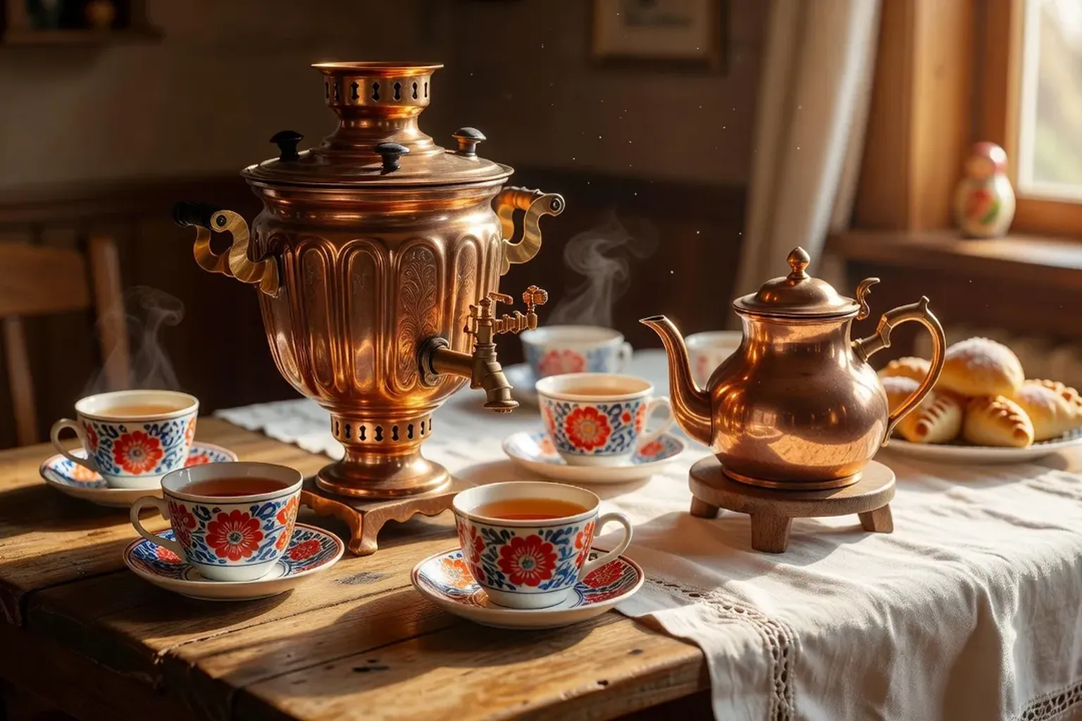 Samovar russe traditionnel en cuivre brillant sur une table en bois, symbole de l'art de vivre russe