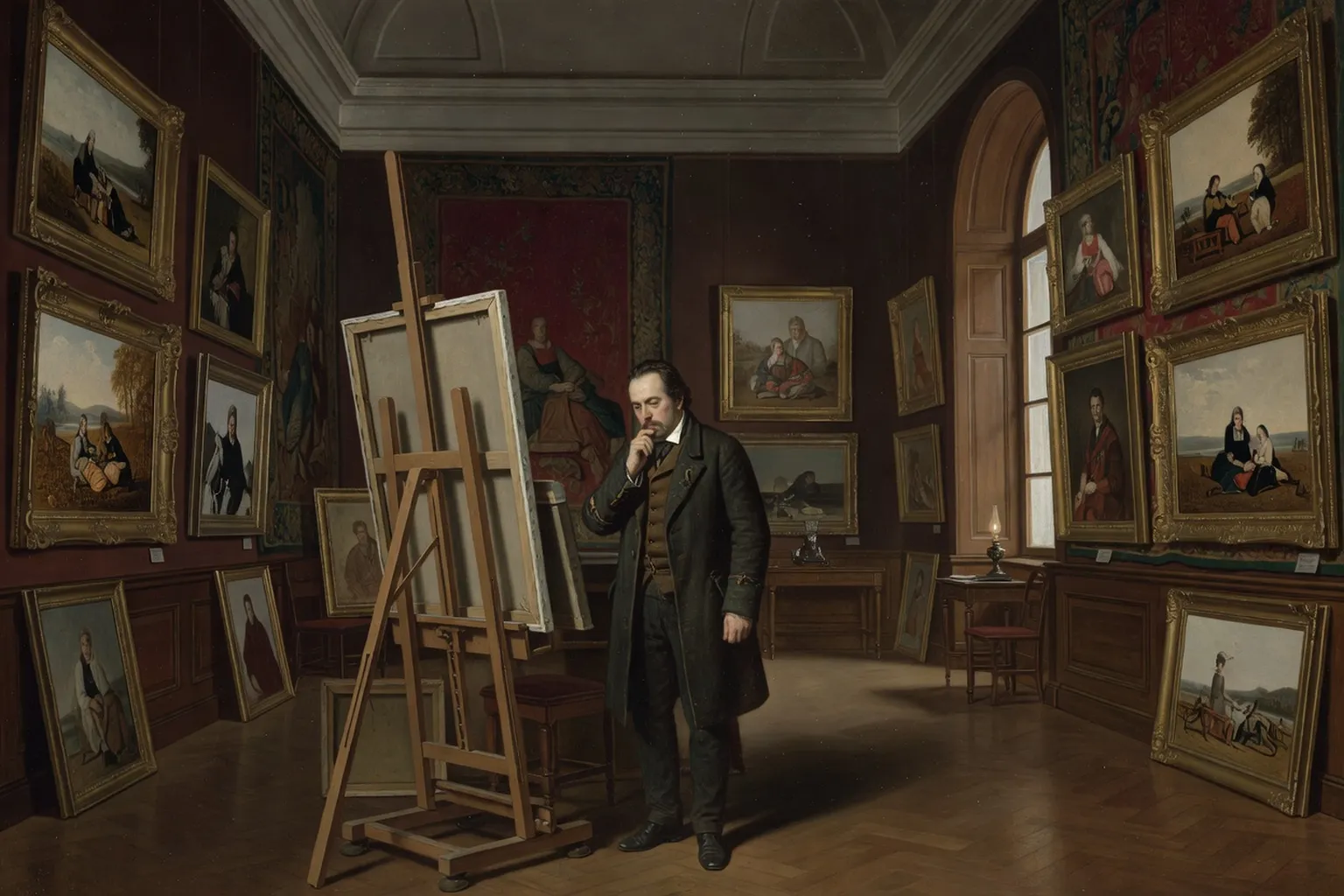 Modeste Moussorgski, compositeur russe autodidacte du Groupe des Cinq, portrait avec partitions de Boris Godounov